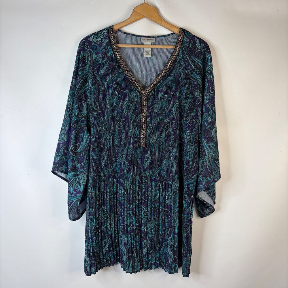 Catherines Tunic Top Women 4X Purple Paisley Beaded V-Neck Pleated Bell Sleeve